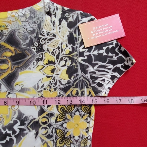 Style & Co. Black yellow white floral print round neck cap sleeve top Petite Sm - Picture 6 of 8
